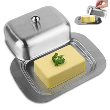 Imagem de Manteiga de aço inoxidável, elegante manteiga com tampa, tigela de sobremesa, caixa de pão de queijo, capa com alça para decoração de cozinha doméstica, aço inoxidável