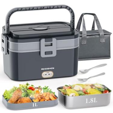 Imagem de Lancheira elétrica de calor mais rápido de 80 W, 2,8 L, grandes camadas duplas para carro, caminhão, trabalho, casa, 12 V, 24 V, 110 V, aquecedor de alimentos portátil de aço inoxidável, aquecedor de