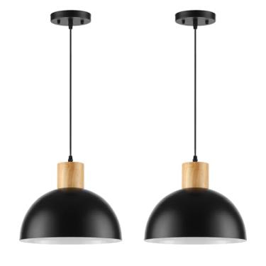 Imagem de QianZhan Pacote com 2 lâmpadas pendentes pretas e de madeira, luminárias pendentes modernas, cúpula ajustável, para cozinha, ilha, sala de jantar, restaurante, escritório, quarto