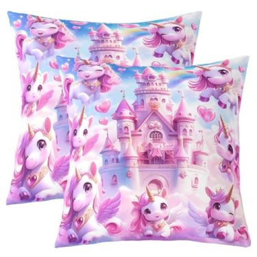 Imagem de Lindas capas de almofada com estampa de unicórnio, estampa dupla face, castelo sonhador, princesa, quadrado, macio, 45,72 cm x 45,72 cm, rosa, coração, arco-íris, céu azul, conjunto de 2 fronhas para