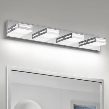Imagem de Donrao Luminária de banheiro cromada moderna de 76 cm com 4 luzes LED sobre o espelho, luminárias de banheiro com branco frio 6000 K, luzes de parede giratórias para banheiro lavabo