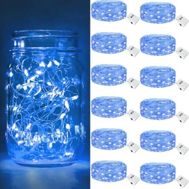 Imagem de btfarm Pacote com 12 luzes de fada operadas por bateria [3 modos], 2,1 m, 20 luzes LED cintilantes, cordão de luzes à prova d'água, pequeno fio prata para potes de pedreiro, vasos de mesa de casamento