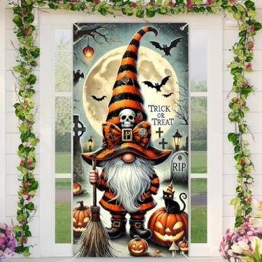 Imagem de BlissYard Capa de porta de Halloween assustadora, gnomo assustador, doces ou travessuras, decoração de portas assustadoras, faixa de portas assustadoras para festas em casa assombrada, ambientes