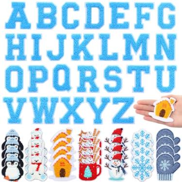 Imagem de Geosar 54 peças de adesivos autoadesivos de Natal e inverno com letras de chenille, aplique de costura para mochila faça você mesmo, acessório de roupas (azul, estilo vintage)