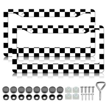 Imagem de Moldura de placa de licença padrão de tabuleiro de xadrez - 2 peças de suporte de placa de licença de metal de alumínio preto e branco, à prova de ferrugem, à prova d'água para carro
