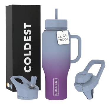 Imagem de Copo Coldest com alça e canudo - Copo isolado 100% à prova de vazamento com tampa e canudo (3 tampas) - Copos de aço inoxidável para mulheres e homens - Base compatível com porta-copos, 1,020 g