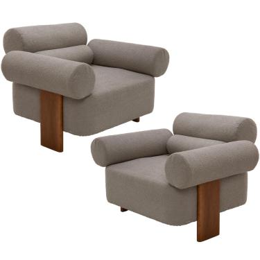 Imagem de Kit 02 Poltronas Decorativas Orgânica Sala Living Pés Madeira Orpheu L02 Bouclê Bege - Lyam Decor