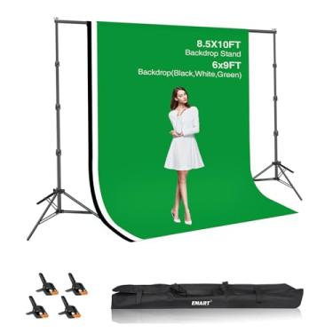Imagem de EMART Kit de suporte de cenário de estúdio de vídeo fotográfico, 2,6 x 3 m, sistema de suporte de tela verde para fotografia ajustável com 3 fundos de poliéster para sessão de fotos (preto branco