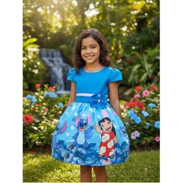 Imagem de Vestido Infantil Temático Stitch E Angel Lilo C/ Manga Festa - Pequeno