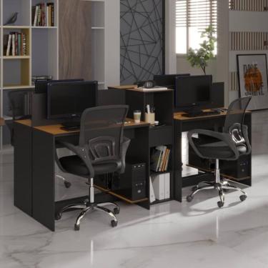 Imagem de Estação De Trabalho 4 Lugares Office Tech 4 Mesas 2 Armários - Preto E Cedro Preto E Cedro