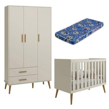 Imagem de Berço Americano e Guarda Roupa Infantil 3 Portas Isis Areia Acetinado com Colchão Ortobom - Reller