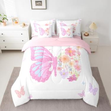 Imagem de jejeloiu Conjunto de edredom para meninas, 7 peças, solteiro, floral, para crianças, adolescentes, chique, borboletas, decoração de quarto, microfibra leve e macia