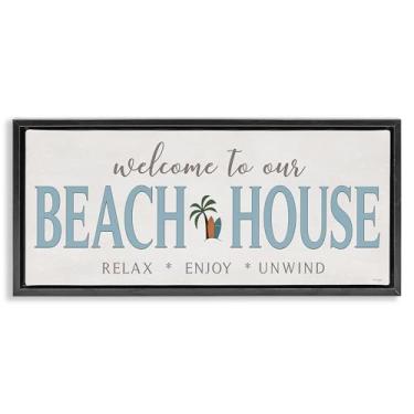 Imagem de Stupell Industries Arte de parede em tela flutuante com moldura preta Welcome Beach House, design da Seven Trees Design, 28 x 63 cm