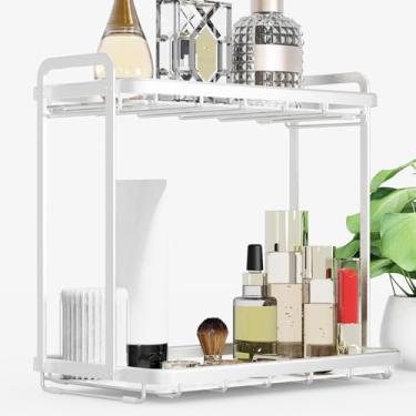 Imagem de AquaChase Organizador elegante para banheiro, cozinha ou café, prateleira de metal com mármore sintético, armazenamento de maquiagem de bancada, prateleira de exibição de perfume de cômoda, bandeja de