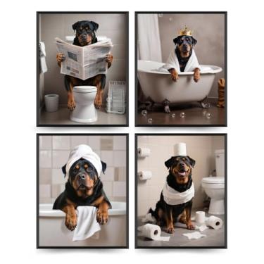 Imagem de ETVISO Rottweiler Engraçado Conjunto de 4 Decoração de Banheiro, Cachorro Fofo Lendo Jornal, Decoração de Parede de Parede Humorística para Banheiro ou Banheiro (20 x 25 Sem Moldura)