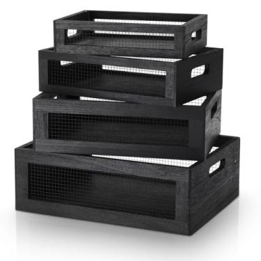 Imagem de FillTouch 4 cestos de madeira para bancada, caixa de armazenamento de madeira de 4 tamanhos, com alça e fio de metal, caixa organizadora de madeira multiuso para frutas e vegetais armário de cozinha