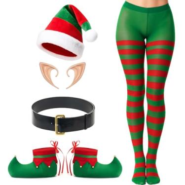 Imagem de Geyoga Conjunto de 5 peças de fantasia de elfo de Natal, fantasia de ajudante de Papai Noel, roupa de Natal, chapéu de elfo, sapatos de orelhas, cinto meias para mulheres e adultos, Vermelho, verde