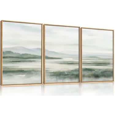 Imagem de HOURIA Arte de parede em tela emoldurada de montanha verde enevoada em aquarela grande, traçado de pincel neutro, arte de paisagem moderna, impressão de arte minimalista da natureza para sala de estar