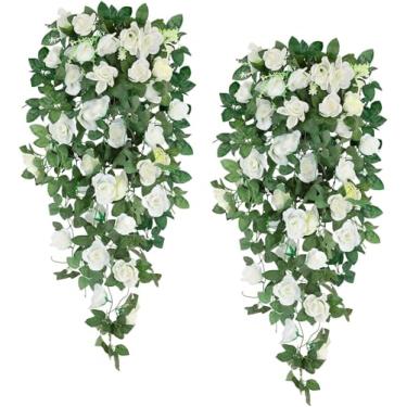 Imagem de 2 peças de plantas suspensas artificiais com flores, plantas de hera falsas, plantas suspensas falsas, folhas falsas, verdes para casamento, decoração interna e externa, branco /315