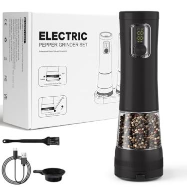 Imagem de Conjunto de 2 moedores elétricos de sal e pimenta, moedor de pimenta automático recarregável com base, grossura ajustável de 5 níveis, exibição, iluminação LED, grande capacidade - ideal para cozinha