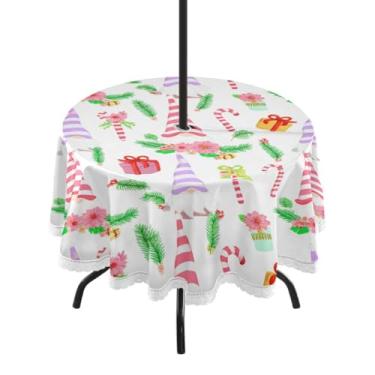 Imagem de Qilmy Toalha de mesa redonda de Natal listrada à prova d'água de 152 cm com orifício para guarda-chuva e zíper – uso externo / interno resistente para pátio, churrascos, piqueniques, festas (serve
