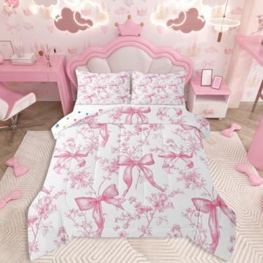 Imagem de jejeloiu Conjunto de edredom infantil casal com laço rosa, para quarto de crianças, meninos, meninas, decoração de flor rosa, microfibra ultramacia e respirável