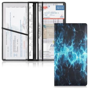 Imagem de Qilmy Suporte azul para registro e seguro de carro com textura Spark em couro sintético para documentos e porta-luvas com compartimentos para cartões de PVC transparente para carteira de habilitação