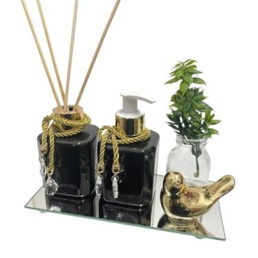 Imagem de Kit Lavabo Completo Frasco Pet 200ml Aromatizador e Saboneteira Com Bandeja Vaso Planta e Passarinho(Preto c/Dourado)