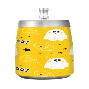 Imagem de Qilmy Cinzeiro de aço inoxidável Cartoon Ghosts com tampa - Cinzeiro de cigarro à prova de vento sem cheiro sem fumaça para casa, escritório, carro, pátio, varanda (uso interno e externo)