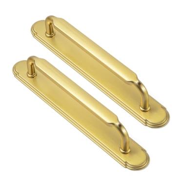 Imagem de Goo-Ki Pacote com 2 puxadores de gaveta de cozinha dourados escovados com placa traseira, puxadores de armário central de 12 cm com placa de base/espaçador, ferragens de liga de zinco