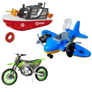 Imagem de Kit Carrinhos Moto Cross Barco Flutuante e Avião Articulado Usual - Us