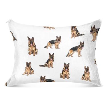 Imagem de Pastor Alemão Branco Animal Decorativo Fronha Flanela Padrão Queen King Travesseiros Brilhantes Almofada Confortável Roupa de Cama Macia, Tamanho King, 50,8 cm x 101,6 cm