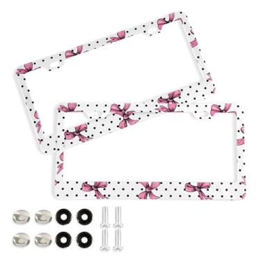 Imagem de SEHANY Lindas molduras de placa de licença de laço rosa, moldura de placa de carro de alumínio à prova de ferrugem com orifícios elípticos e parafusos serve para veículos padrão dos EUA tamanho