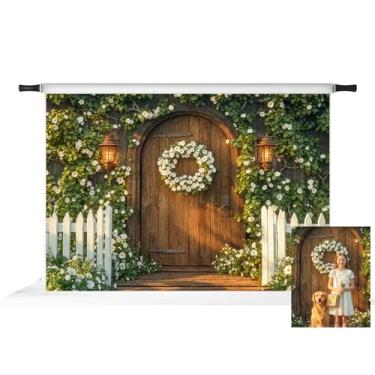 Imagem de Kate Pano de fundo de jardim de primavera para fotografia, porta de madeira, flores brancas, decoração de fundo, adereços de foto 2,1 x 1,5 m