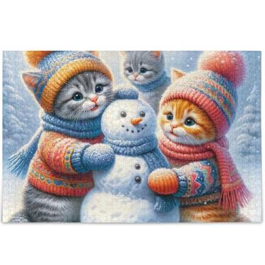 Imagem de Quebra-cabeça personalizado boneco de neve gatos fofos adultos 500 peças divertidos elefantes brancos presentes paisagem paisagem arte animal, 52 cm x 37,8 cm