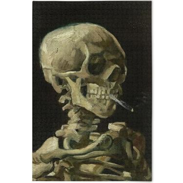 Imagem de Quebra-cabeça de cigarro de esqueleto de caveira Vangogh personalizado 500 peças para adultos presentes de tecnologia de jogos engraçados arte prima impressão de arte animal, 52 cm x 37,8 cm