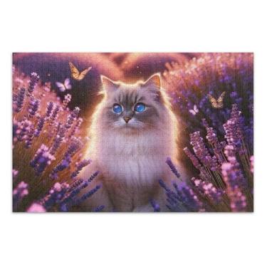 Imagem de Quebra-cabeças para adultos, 1000 peças, lindos presentes de gato de jardim lavanda para jogo de elefante branco, quebra-cabeça rígido, pintura de brinquedo, 75 x 40 cm