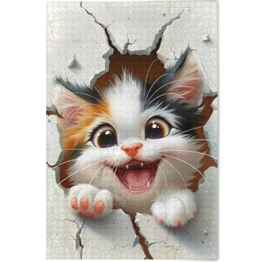 Imagem de Quebra-cabeça adulto personalizado com paredes de gato fofo 1000 peças presentes de festa elefante branco divertido quebra-cabeça família paisagem arte animal, 75 cm x 50 cm