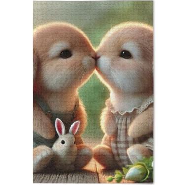 Imagem de Quebra-cabeça coelho beijo coelho 500 peças para adultos desenho animado animal arte única quebra-cabeça presentes personalizados família elefante branco, 52 cm x 37,8 cm