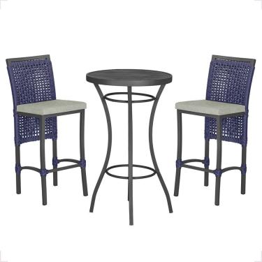 Imagem de Mesa Bistrô Com 2 Banquetas Roma Preta Corda Náutica 3 Trama Azul