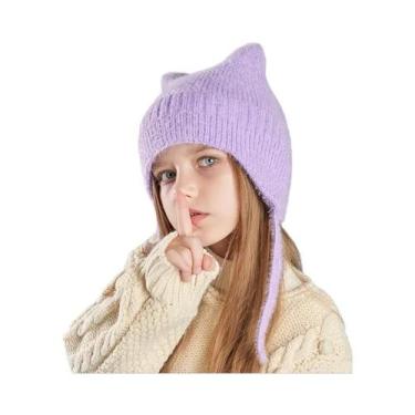 Imagem de Gorro De Inverno Infantil Tricotado Com Orelhas De Gato, Quente E Conf