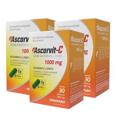 Imagem de Kit 3 AscorVit C 1000mg Vitamina C e Zinco 30 Caps Maxinutri