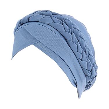 Imagem de Gorro feminino quimioterapia câncer chapéu muçulmano boné étnico boêmio pré-amarrado trançado capa de cabelo envoltório turbante Headwear, Azul, Tamanho Único