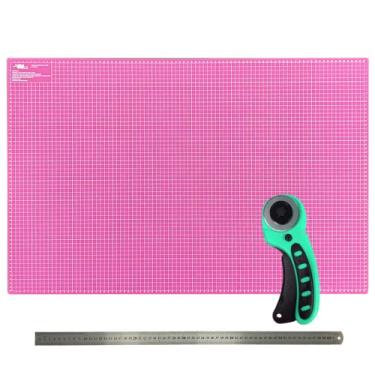 Imagem de kit Base Apoio Mesa de Corte Grande 90x60 Cortador Circular 45mm Azul Tiffany Régua inox 60cm (Placa de Corte Grande Rosa)