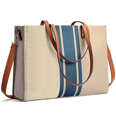 Imagem de Bolsa feminina para laptop, serve para laptop de 15,6 polegadas, grandes bolsas de trabalho de lona para mulheres, bolsa de ombro para computador, bolsa de praia casual, ideal para viagem/uso diário/, Bege, Large, Casual