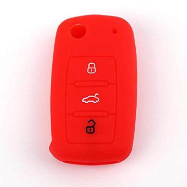 Imagem de YJADHU Capa de silicone para chave de carro capa protetora para chave com controle remoto 3 botões, apto para VW POLO Golf Jetta Tiguan Passat Bora Skoda Fabia, vermelho