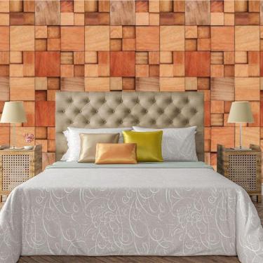 Imagem de Papel De Parede Adesivo Bloco 3D De Madeira Lavável Cozinha 3 Metros