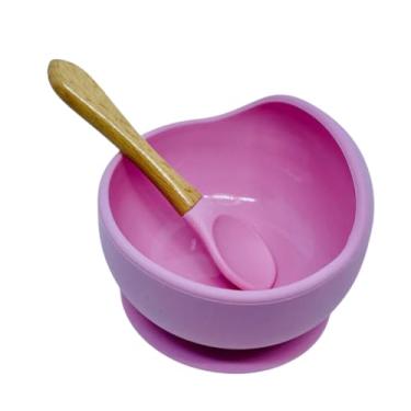 Imagem de tigela em silicone com ventosa e colher com cabo de madeira (ROSA)