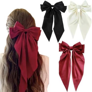 Imagem de Laços de cabelo para mulheres - 3 peças de grampos de cabelo de fita grande com borlas de cauda longa, presilhas de cabelo grandes para meninas (preto, vermelho, bege)