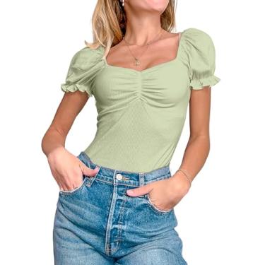 Imagem de MINT PLUS PINK Blusa feminina de verão com gola quadrada bufante manga curta canelada, Sálvia, PP